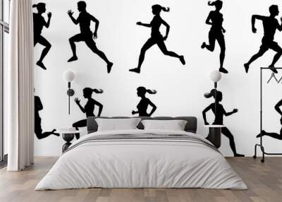 Runner silhouette set of sprinters, runners and joggers running track or jogging. People silhouettes in outline. Women and men, male and female athletes racing. Wall mural