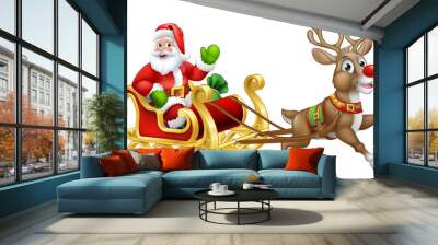 Santa Claus in Christmas sled or sleigh pulled by his reindeer cartoon Wall mural