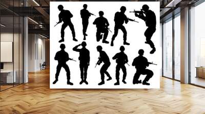 Set of detailed silhouettes of a military army soldiers Wall mural