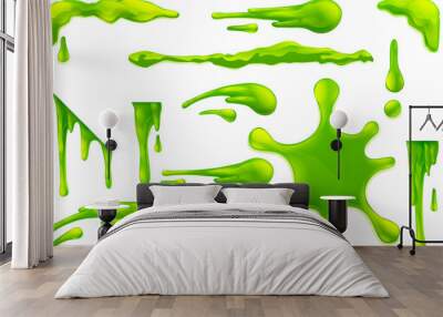 Set of slime or mucus liquid green goo blobs, splats, drips and drops design elements Wall mural