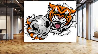 Tiger Holding Soccer Ball Breaking Background Wall mural