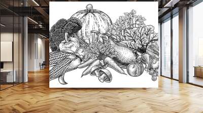 Vegetables and fruit food produce illustration in a vintage retro woodcut etching style. Wall mural