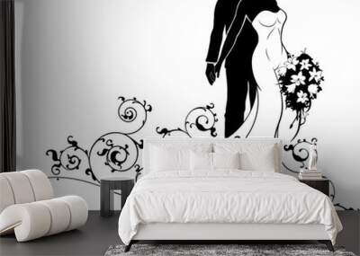 Wedding couple bride and groom silhouettes, the bride in a white bridal dress gown holding a floral bouquet of flowers and an abstract floral pattern Wall mural