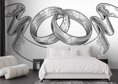 Wedding rings or bands intertwined in a vintage woodcut retro style wedding or engagement invite design Wall mural