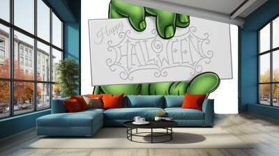 Zombie Monster Hand Holding Happy Halloween Sign Wall mural