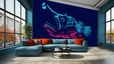 Angler fish logo with colorful neon line art design with dark background. Abstract underwater animal vector illustration. Wall mural