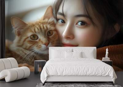 Adorable Asian Girl Bonding With Beloved Pet Cat at Cozy Home Wall mural