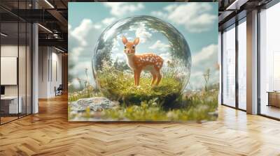 Chubby 3D Saola in Miniature Meadow Glass Sphere with Passing Clouds Wall mural