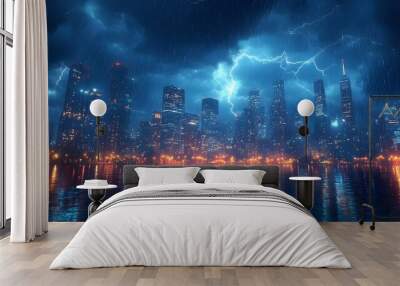 Electrifying City Skyline Illuminated by Stunning Lightning Bolts at Night Wall mural