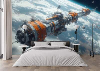 Futuristic Space Elevator Concept with Tethered Platform Orbiting Earth Wall mural