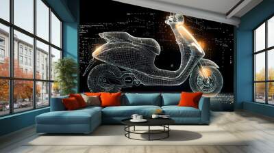 Minimalist wire mesh outline of an electric scooter with dynamic radiating light patterns in a futuristic technology inspired design  The image conveys a sense of modern mobility energy Wall mural