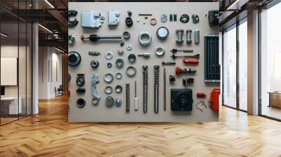 Motorcycle Gear System Components Arranged Neatly on Workbench with Clean Lighting Wall mural