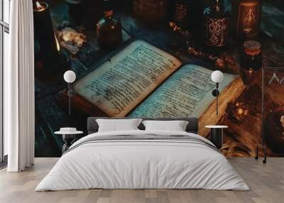 Mystical Witch s Spellbook on Antique Wooden Table with Glowing Runes and Potion Bottles Wall mural