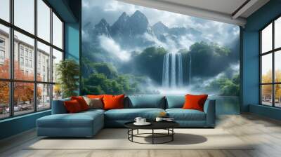 Stunning Mountainous Landscape with Cascading Waterfall and Tranquil Lake Wall mural