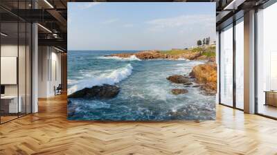 ocean rocky coastline waves crashing blue landscape Wall mural