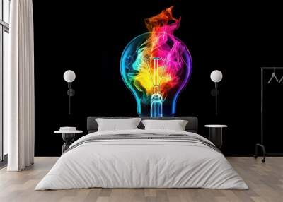 Colorful rainbow light bulb with smoke on a black background, glowing lamp, and colorful flame in a dark room. Concept of an idea or inspiration  Wall mural