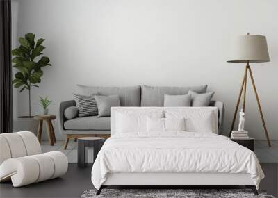 Minimalist sofa mockup with wooden legs and light gray fabric, white background, wooden floor lamp, and a plant in a vase. Scandinavian home interior design for the living room  Wall mural