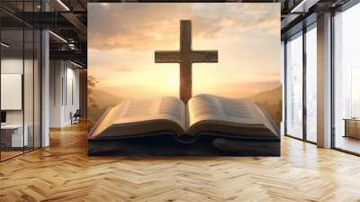 Open bible and a cross. Christian religious symbolism. Wall mural