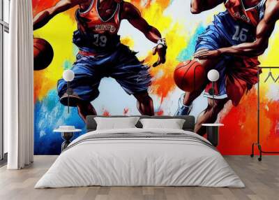 Colorful AI-generated illustration of two basketball players bouncing Wall mural