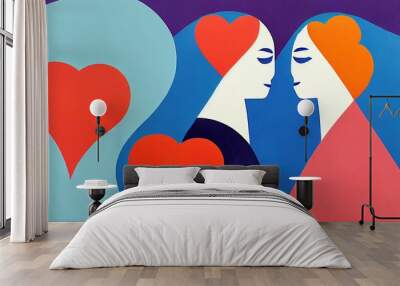 Contemporary art drawing of two girls looking to each other with hearts and colorful background Wall mural