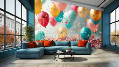 10th birthday or anniversary balloons and confetti decoration for surprise parties event setup as wide banner with copy space area - Generative AI  Wall mural