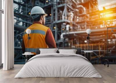 Industrial Worker in Hard Hat Examining Equipment at Sunset Wall mural