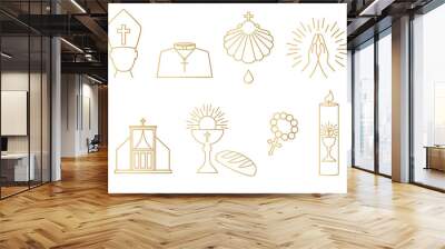 golden christianity, catholic church icon set; priest, baptism, prayer, confession, communion, rosary, holy candle - vector illustration Wall mural