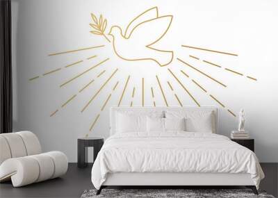 golden dove with olive branch and sun rays, Holy Spirit, peace concept- vector illustration Wall mural