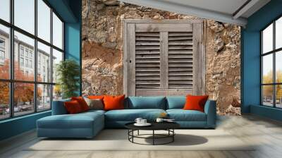 rustic wooden shutter in stone wall Wall mural