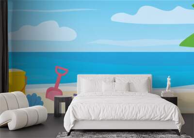 summer banner with children sand toys and palm leaves on the tropical beach - vector illustration Wall mural