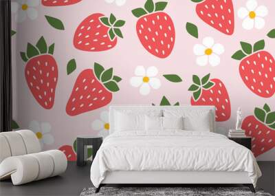 summer seamless pattern with strawberries fruit - vector illustration Wall mural