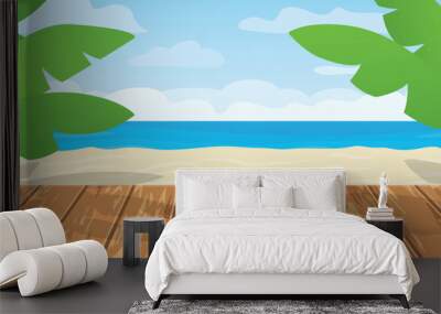 tropical beach with palms and wooden deck, summer vacation travel concept- vector illustration Wall mural