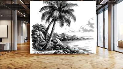 A black and white drawing of a palm tree by the ocean Wall mural