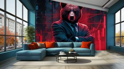 A bear as a businessman wearing suit stand with arm crossed with red candlestick charts background. Stock market downtrend concept Wall mural