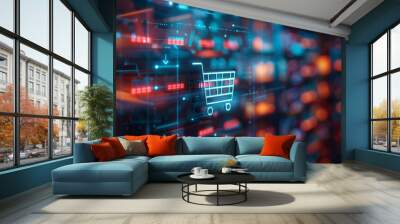 A digital 3D illustration featuring a vibrant blue and red themed abstract background with a glowing white shopping cart icon at the center, symbolizing online shopping and e-commerce technology. Wall mural