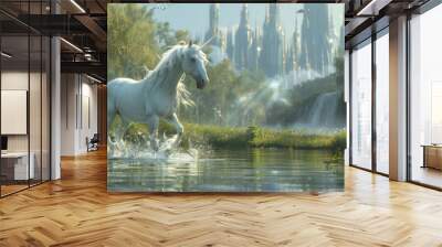 A majestic white unicorn with a flowing mane gallops through a shallow body of water in a mystical forest setting, with sunbeams filtering through the foliage and a castle in the distant background. Wall mural