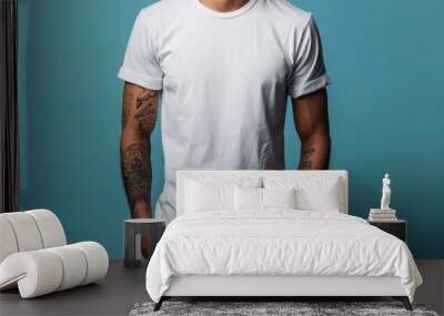 A white male tshirt mockup designed for men's apparel showcasing clean and versatile design options for tshirt printing and advertisement purposes. Wall mural