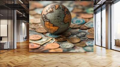 Global Finance,  A world globe surrounded by various currencies, symbolizing international finance and currency trading in a global economy Wall mural