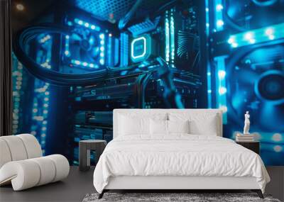 Illuminated interior of a modern computer case showcasing hardware components with neon blue lights and cables connecting parts like the motherboard, RAM, and graphics cards. Wall mural