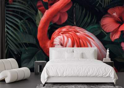 Illustration of an exotic flamingo covered in fresh spring flowers against a tropical background, embodying an abstract animal concept. Wall mural