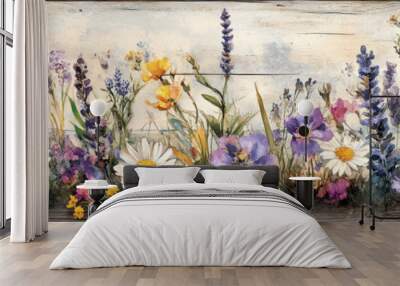 luxury flowers watercolor,  Charming watercolor painting featuring wildflowers like daisies and lavender, designed in an antique botanical style, framed by elegant ornamental Wall mural