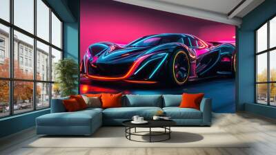 Neon Sports Car,  A futuristic sports car featuring a sleek design with vibrant neon lights and glowing effects that enhance its modern look on the road Wall mural