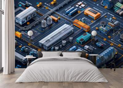 Operation management and control. An intricate isometric infographic of an industrial complex, featuring detailed buildings, storage tanks, conveyors, and vehicles Wall mural