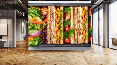 Top view angle of lunch box with sandwich and vegetables on white background. Wall mural