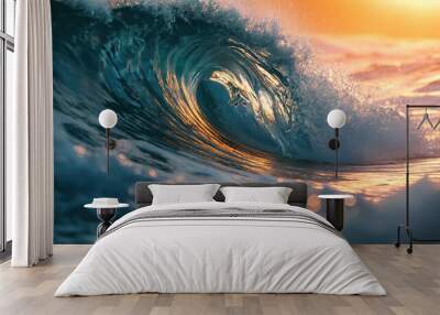 Beautiful ocean wave at sunset  Wall mural