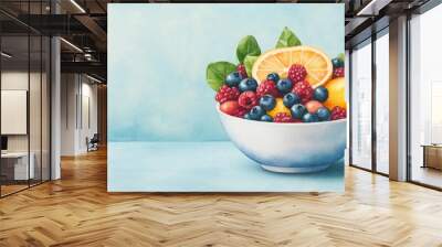 A beautiful watercolor illustration of a bowl filled with fresh berries, oranges, and green leaves, offering a vibrant and healthy fruit arrangement Wall mural