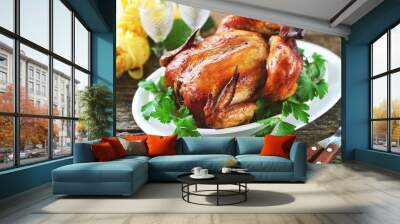 Roasted whole chicken. Delicious homemade food. Top view. Copy space.  Wall mural