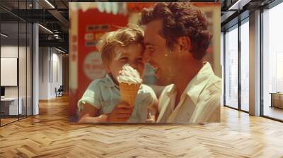  a retro photograph capturing a father and son sharing an ice cream cone.  Wall mural