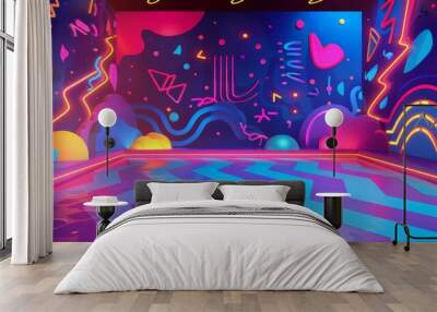  vibrant floor and wall background with neon accents and bold graphics for a lively promotion ad. Wall mural