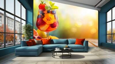 Brightly colored sangria served in a tall glass filled with fruits, with a backdrop of a rustic table and a vibrant, sunlit atmosphere. Wall mural